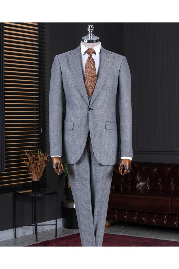 Italian Style Slim Fit Jacket Vest Pants Suit Gray T10332
