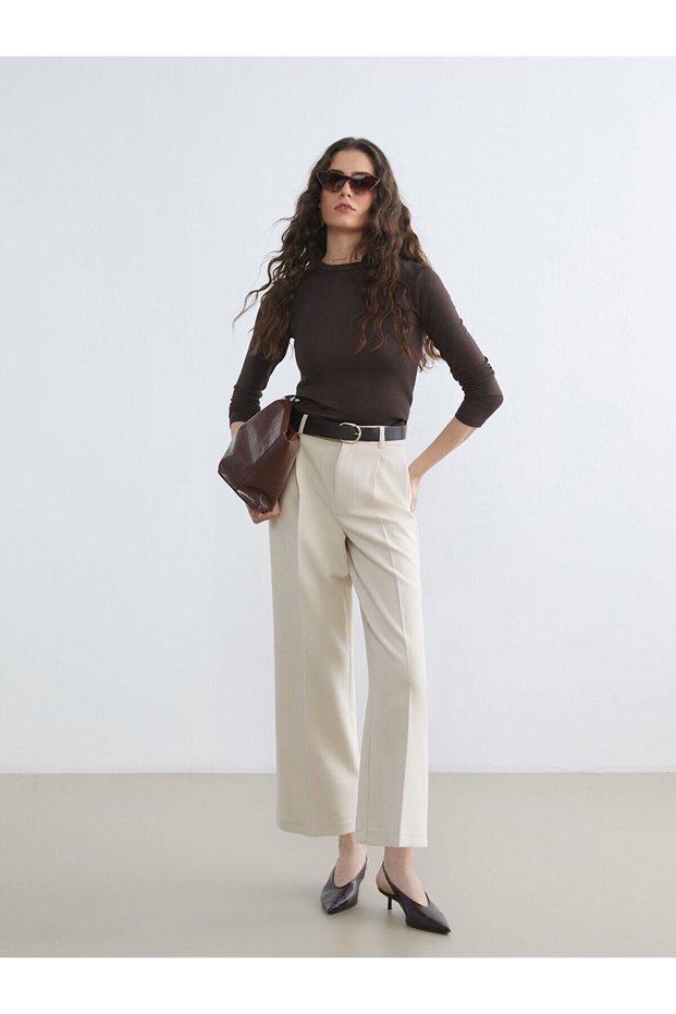Beige Wide Leg Women's Pants with Belt