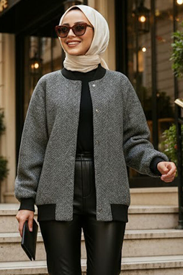 Buttoned Black Hijab Bomber Jacket 9263S