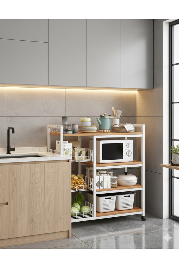 4 Tier Free Standing Kitchen Storage Unit - White