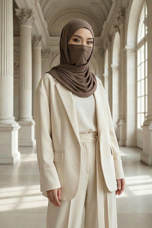 Neck-Covering Veil Featuring Combed Cotton Boned Shawl, Ps-58, Chocolate