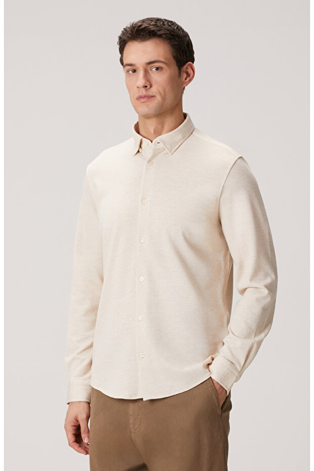 Bej Yün Karışımlı Örme Gömlek - 4