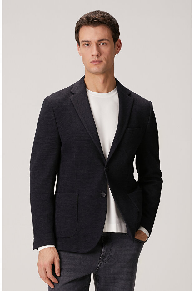 Lacivert Yün Karışımlı Örme Ceket - 1