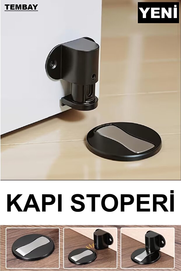 TEMBAY SİYAH Mıknatıslı Metal Kapı Stoperi Akılı Kapı Tamponu Yapışkanlı Kapı Stoperi Vidalı Kapı Stoperi