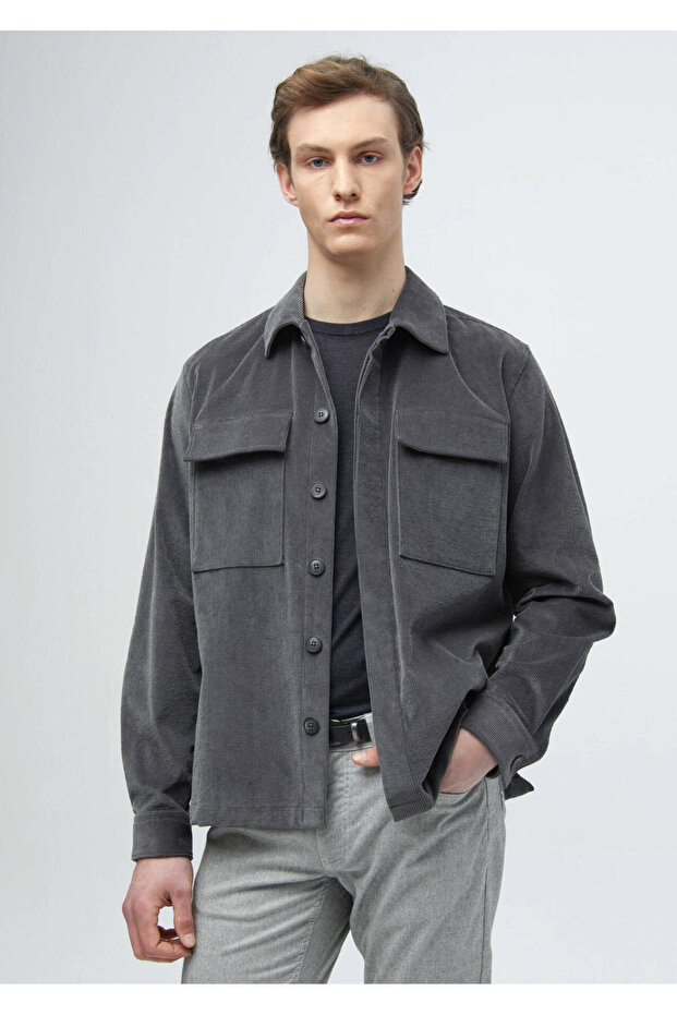Dark Gray Plain Casual Fit Woven Velvet 100% Cotton Overshirt