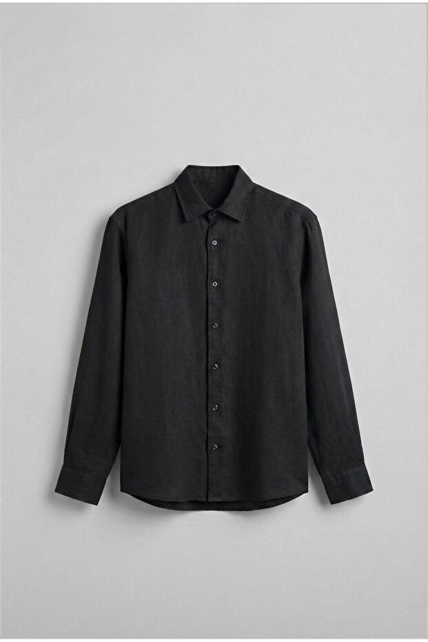 Men's Long Sleeve Regular Fit 100% Linen Shirt Black