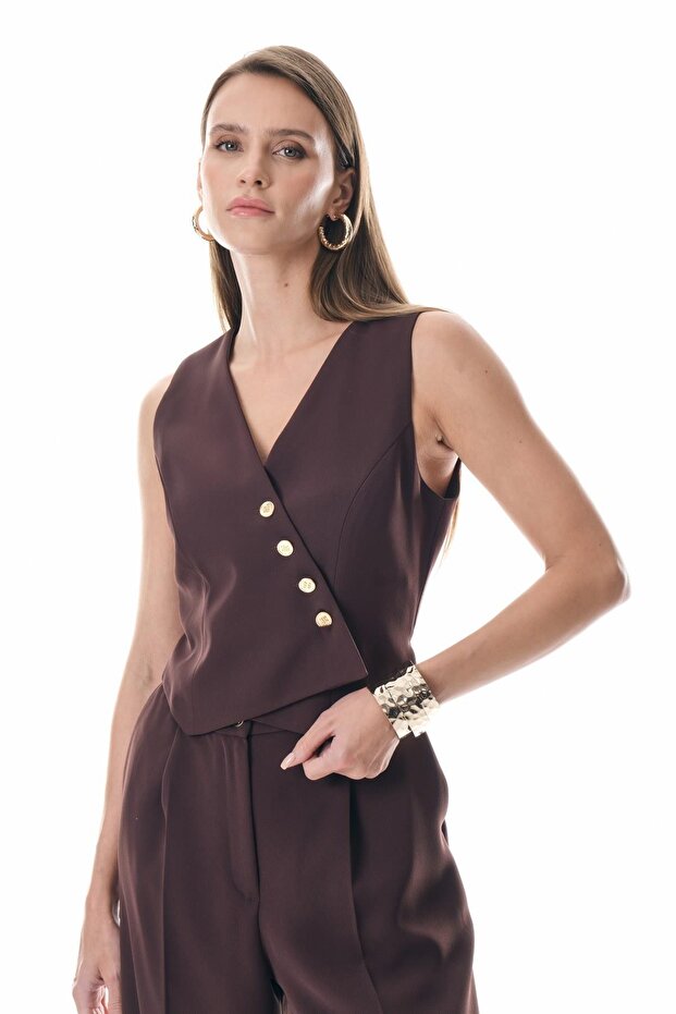 Yelek Görünümlü Gold Düğmeli Tulum - 6