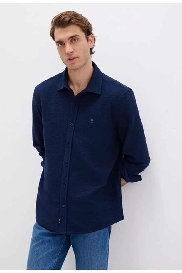 0211789 m Logo Embroidered Knitted Men's Shirt Dark Blue