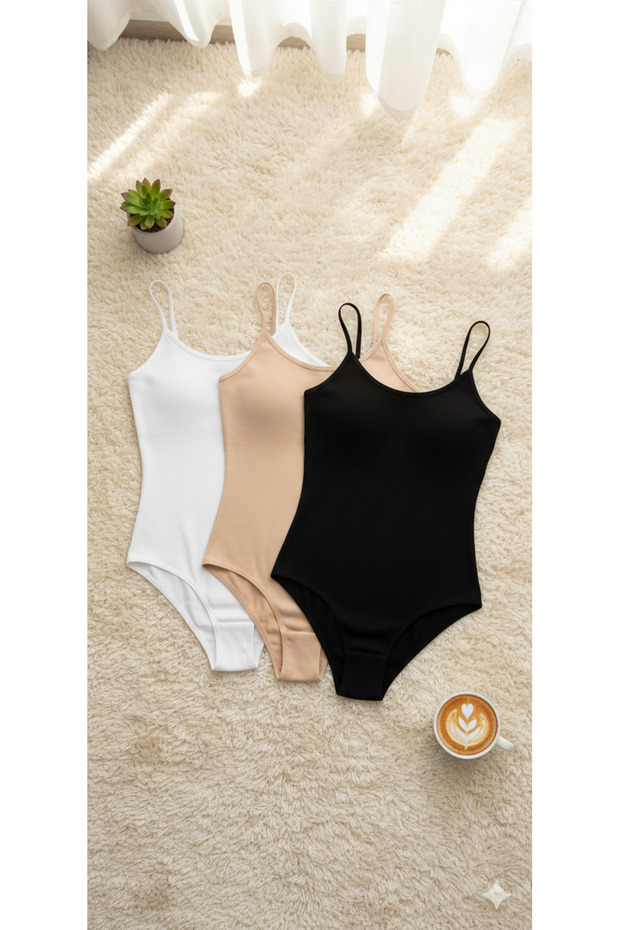 Women's Cotton Rope Strap Wide Neckline White Black Skin 3-Piece Snap-On Bodysuit