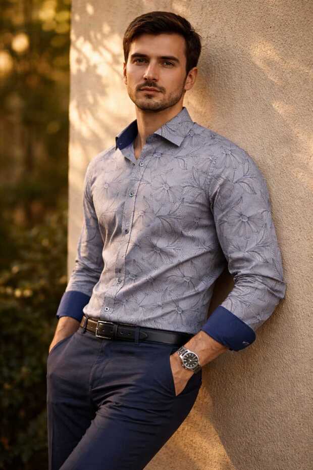 Large Flower Striped Long Sleeve Men's Shirt