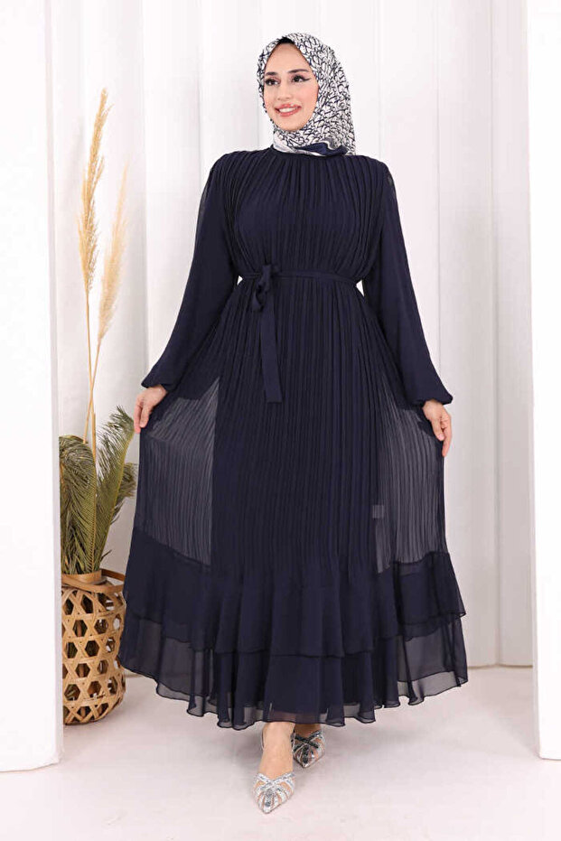 Pleated Layered Detailed Lined Dress 3836 Navy Blue