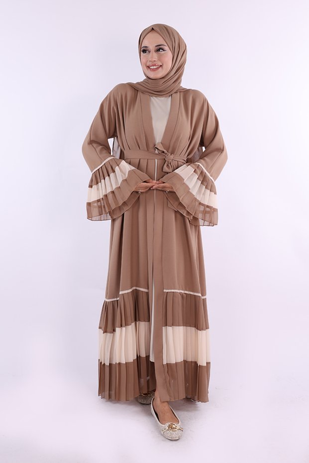 Sleeve and Skirt Two-Color Waist Belted Pleated Abaya 7454 Mink