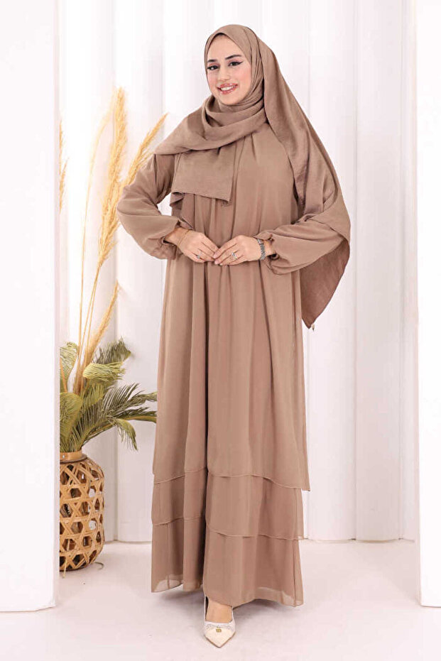Layered Look Sleeve Cuffs Elastic Chiffon Dress 3060 Mink