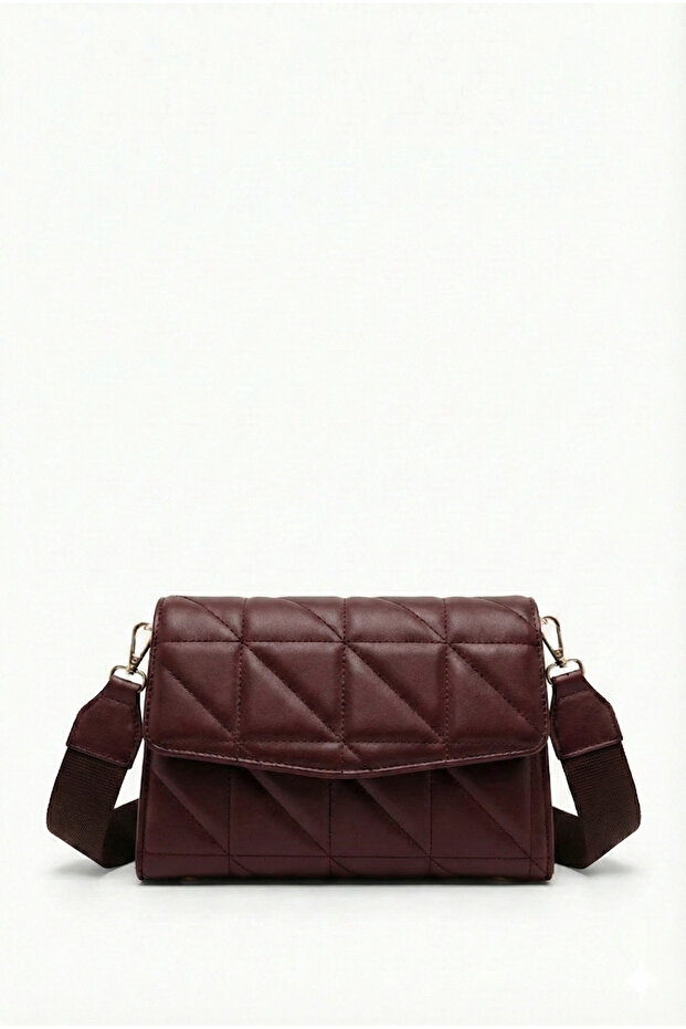 Women's Burgundy Quilted Adjustable Column Strap Cross Shoulder Bag
