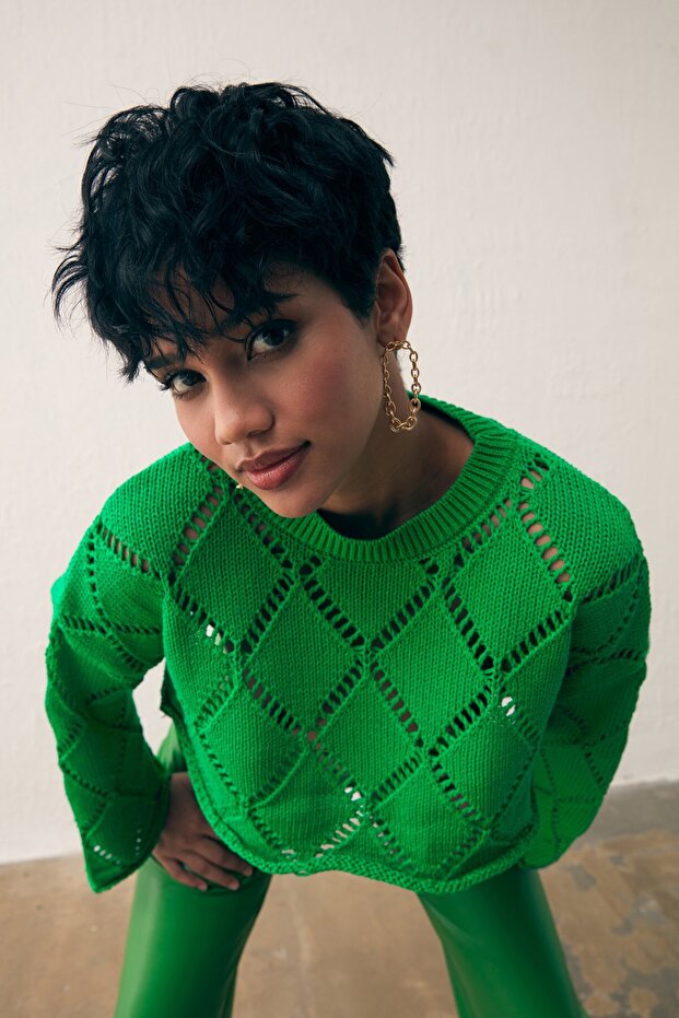 Ajurlu Crop Triko - Yeşil - 2