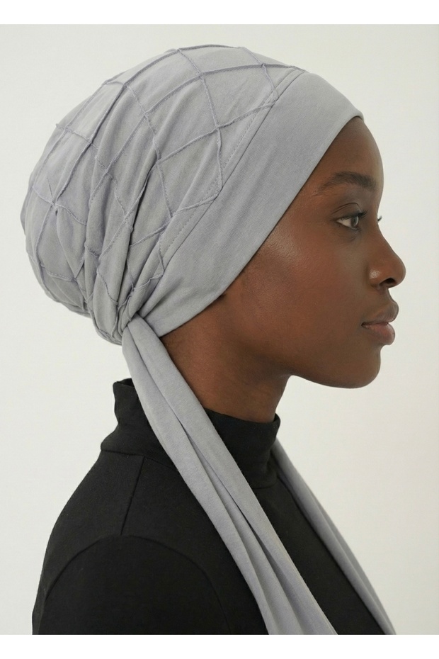 Ribbed Tie Open Gray Ready-To-Wear Turban Hijab Bonnet Suitable for Medical Use