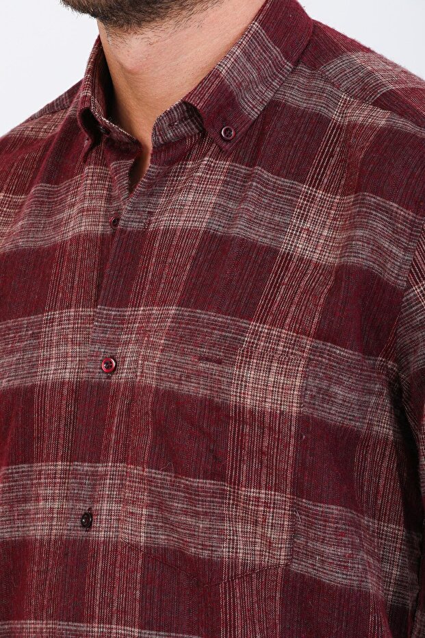 Men's Burgundy Winter Shirt with Checkered Pockets and Buttoned Collar
