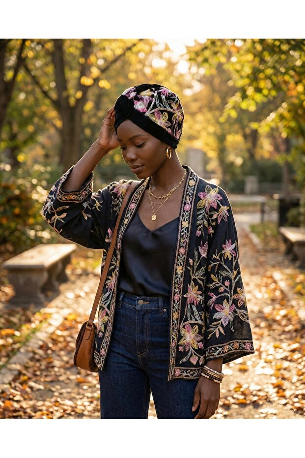 Authentic Embroidered Motif Lined Ready-To-Wear Turban Hijab Cap Suitable for Medical Use