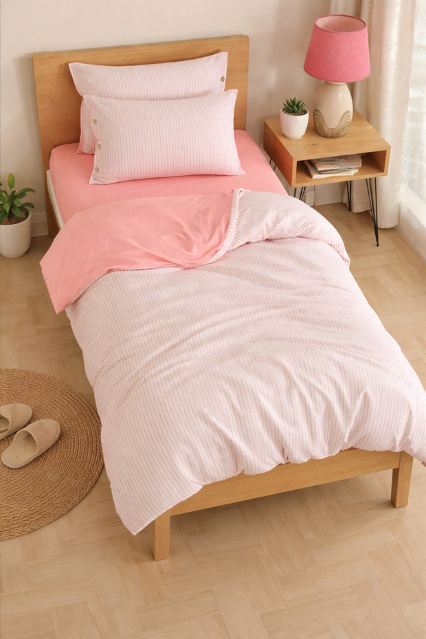 Cotton Striped Single Duvet Cover Set 160X220 – Salmon & White, 1 Pillowcase