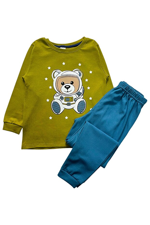 Boys' 100% Cotton Green Blue Astronaut Patterned Long Sleeve Winter Pajama Set