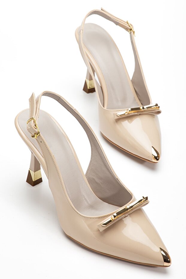 Women's Beige Patent Leather Special Design Thin Heeled Stiletto with Gold Accessories