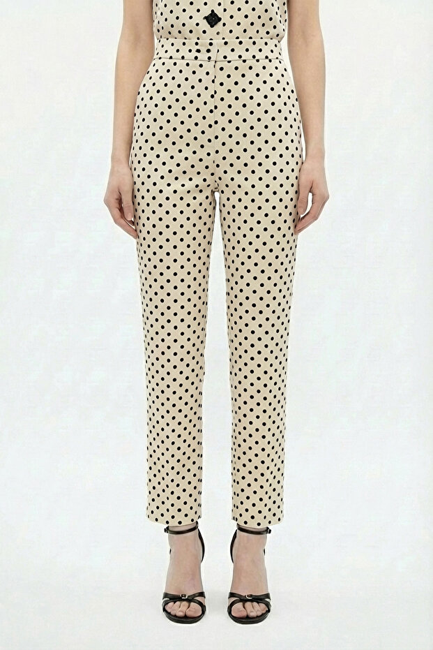 Puantiyeli İspanyol Paça Pantolon Krem - 1