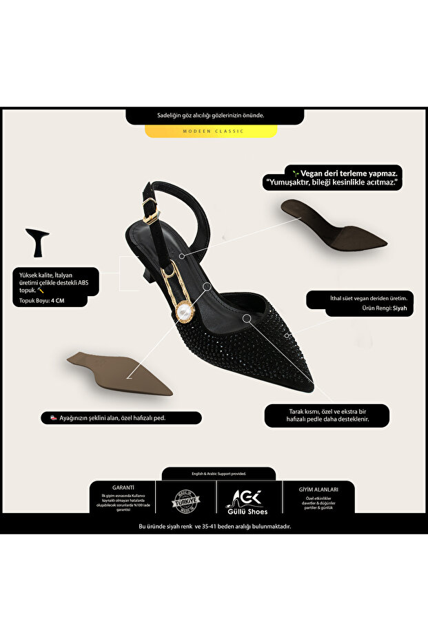 Siyah Süet Taşlı İnci Tokalı Ayarlanabilir Bantlı İnce Topuklu Vegan Deri 5cm Kadın Topuklu Ayakkabı - 2