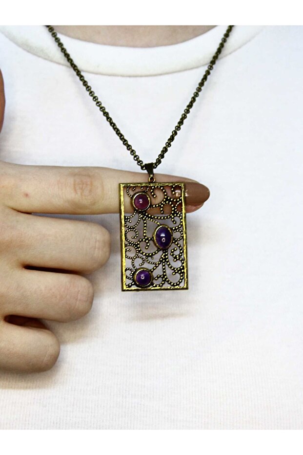 Natural Stone Amethyst 3-Piece Natural Stone Antique Women's Necklace Euk45Amt