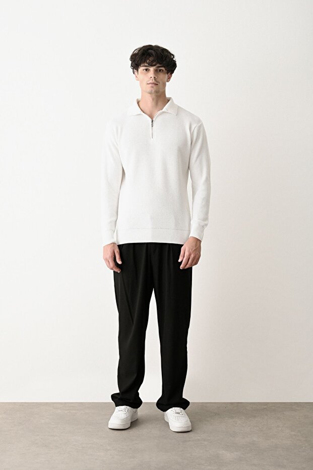 Fermuar Yaka Ekru Premium Basic Çelik Triko Kazak - 4