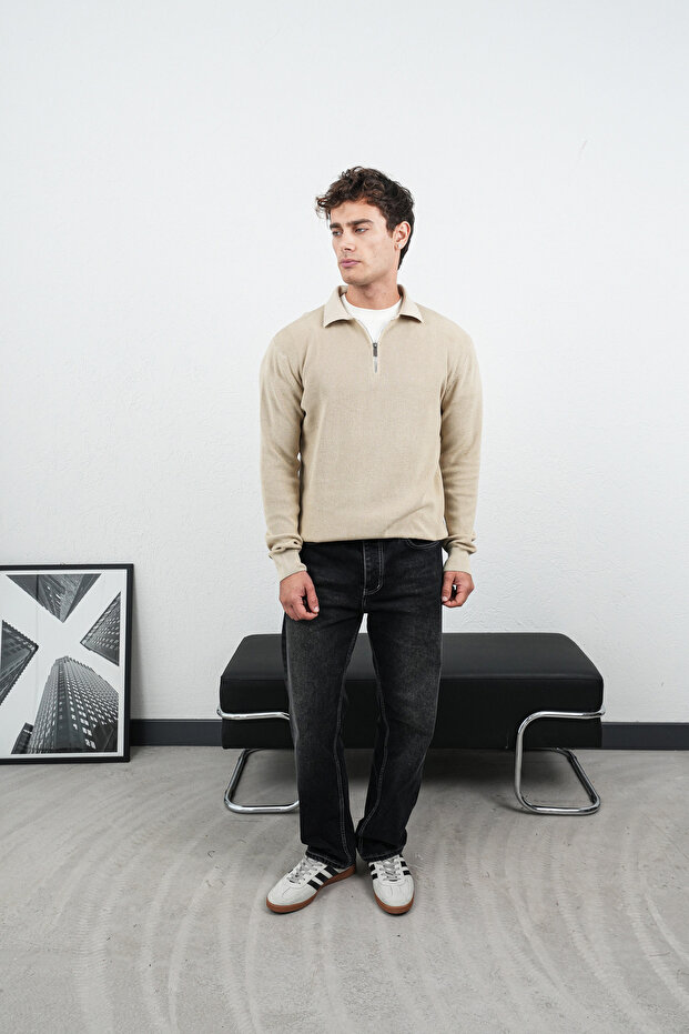 Fermuar Yaka Bej Premium Basic Çelik Triko Kazak - 7