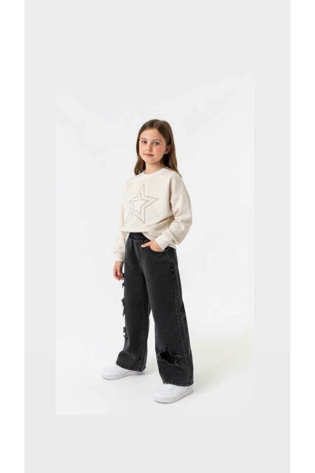 Girl's Ecru Sweatshirt and Wide-Leg Jeans Set – Casual Comfortable Stylish Model (6-10 Years)