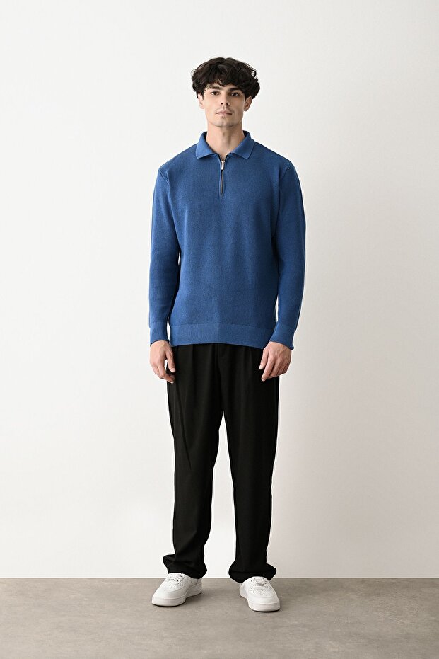 Fermuar Yaka İndigo Premium Basic Çelik Triko Kazak - 4