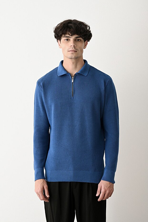 Fermuar Yaka İndigo Premium Basic Çelik Triko Kazak - 2