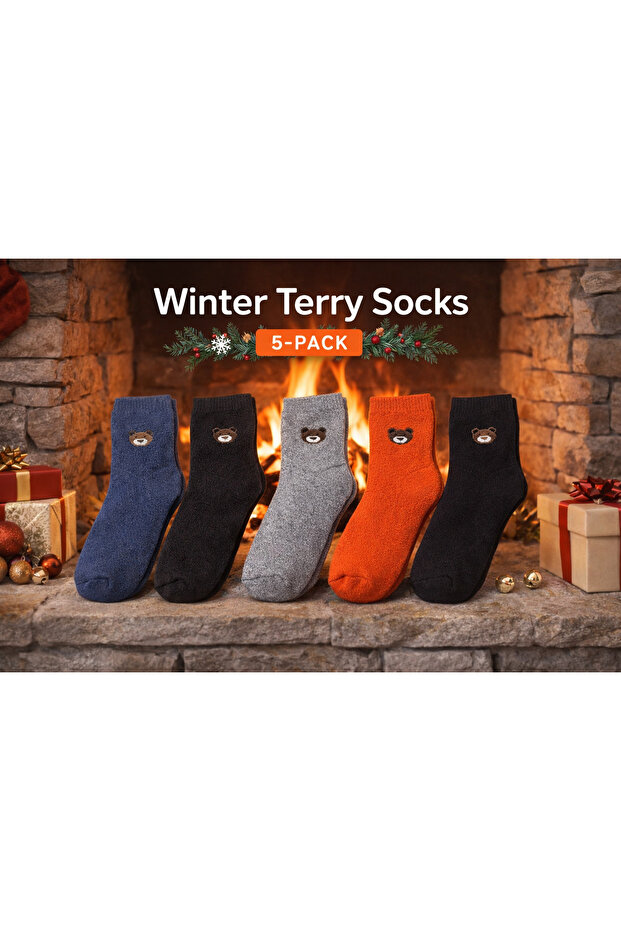 Teddy Bear Patterned Towel Socks 5 Pairs - 2