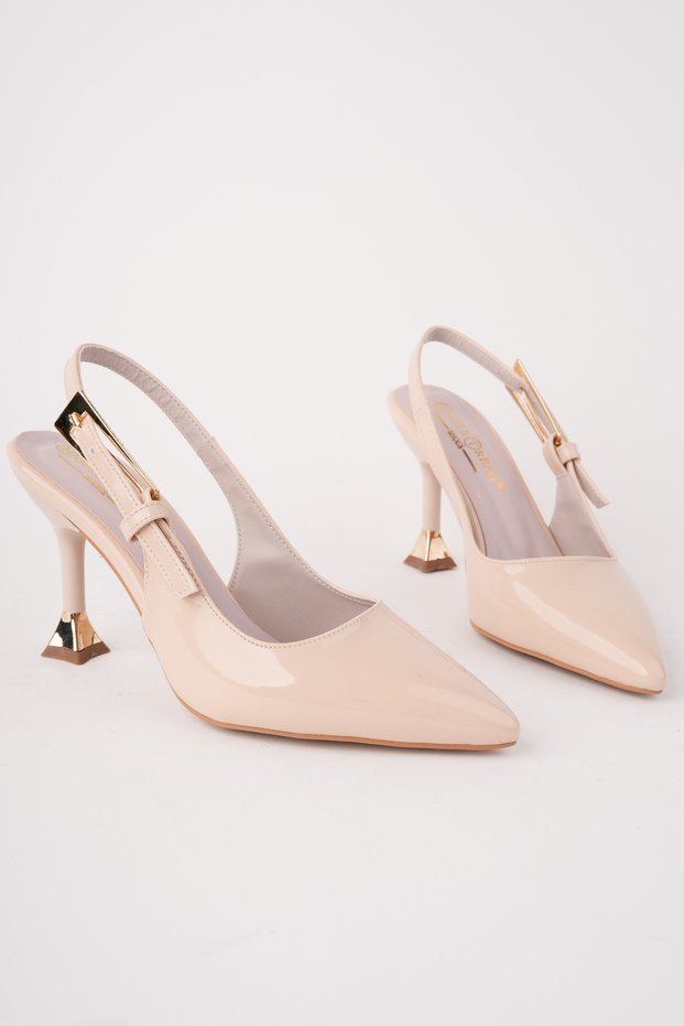 Women's Beige Patent Leather Buckle Pointed Stylish Heeled Stiletto Shoes