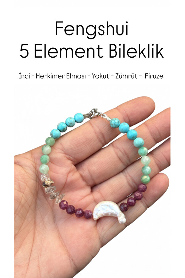 Fengshui Five Elements Balance Bracelet (Pearl - Diamond - Emerald - Ruby and Turquoise Stone)