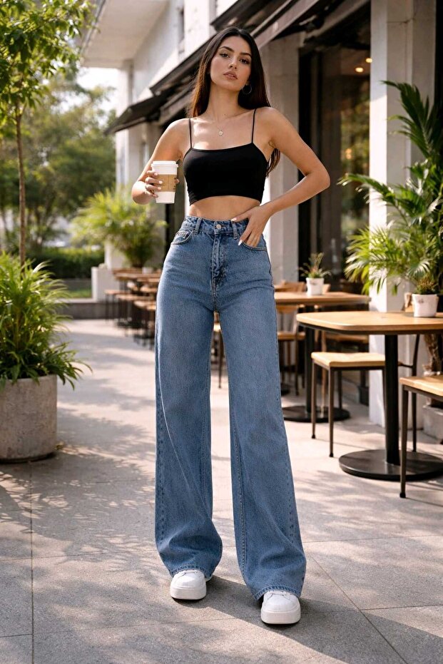 Medium Blue Snow Wash Stretch Fabric Super High Waist Loose Leg Denim Palazzo Pants