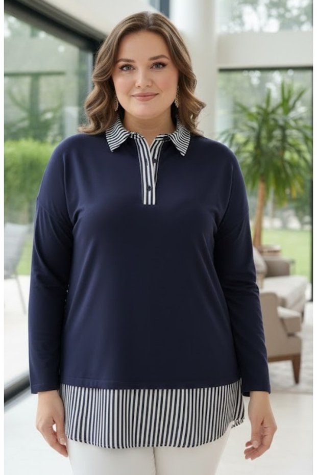 Women's Navy Plus Size Lapel Hem Striped Woven Shirt Detail Side Oval Cut Flexible Viscose Blouse