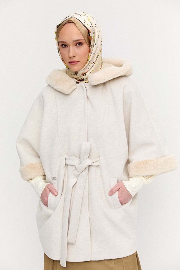 Kapüşonlu Kuşaklı Kaşe Kaban - 4