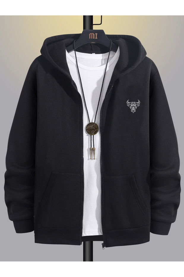 Men's Black Hooded Zip-Up Oversized Brushed Inside Printed Sweatshirt Winter School Cardigan
