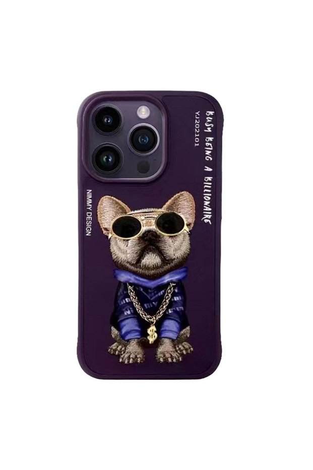 iPhone 14 Pro Hiphop Series Dog Embroidery Embroidered Chain Detailed Case Purple
