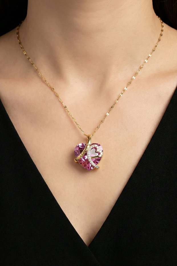 Steel 22K Heart Stone Necklace 45 cm | Gold Color Non Tarnish Jewelry Women Steel Necklace