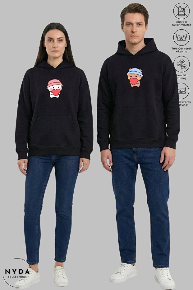 Dear Couple Combination Bubu Dudu Printed Hoodie Hooded Fleece-Lined Oversized Cotton Sweatshirt 2-Piece Set
