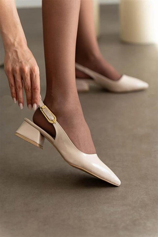 Women's Sole Beige Patent Leather Short Heeled Open Back Shoes