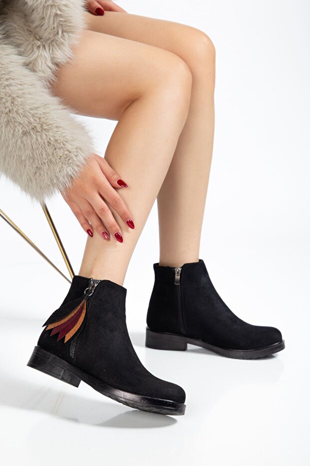 165-205 Black Suede Leaf Patterned Zippered Daily Women's Boots