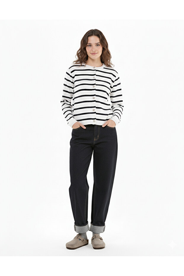 Women's Striped Button Detailed Cardigan Navy Blue