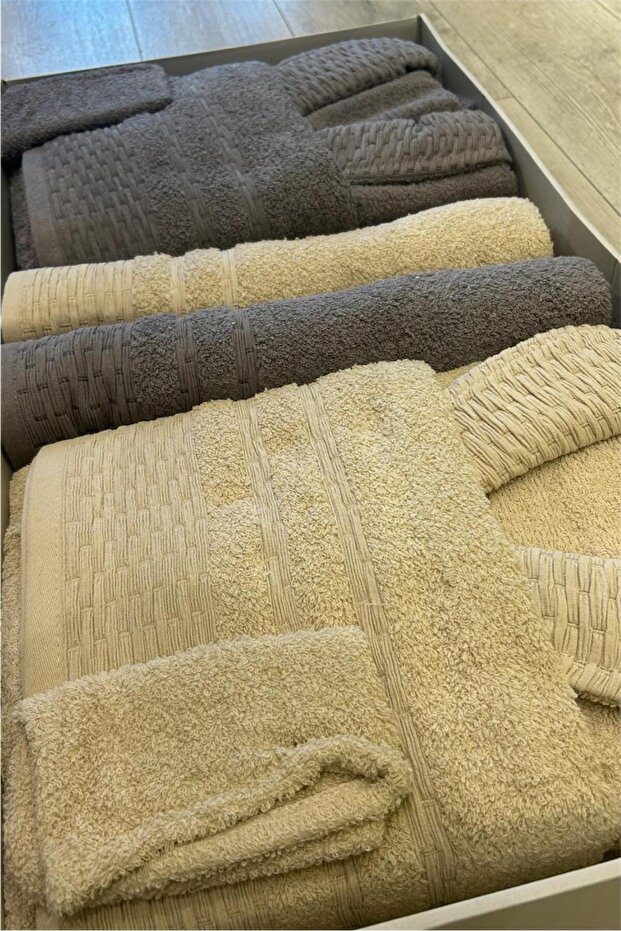 Minteks La Villa Gray-Cream 8 Piece Towel Bathrobe Set - Family Bathroom Towel Bathrobe Family Set
