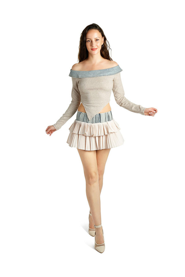 Women Ruffle Two Tone Mini Skirt Blue and Beige