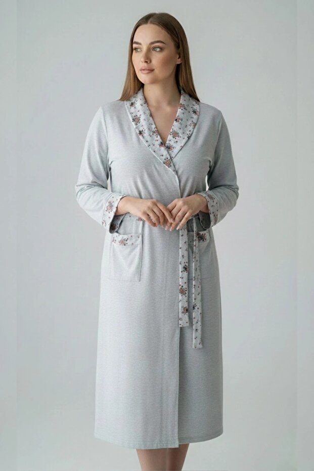 Large Size Women's Dressing Gown with Belt, Long Length, Floral Pattern