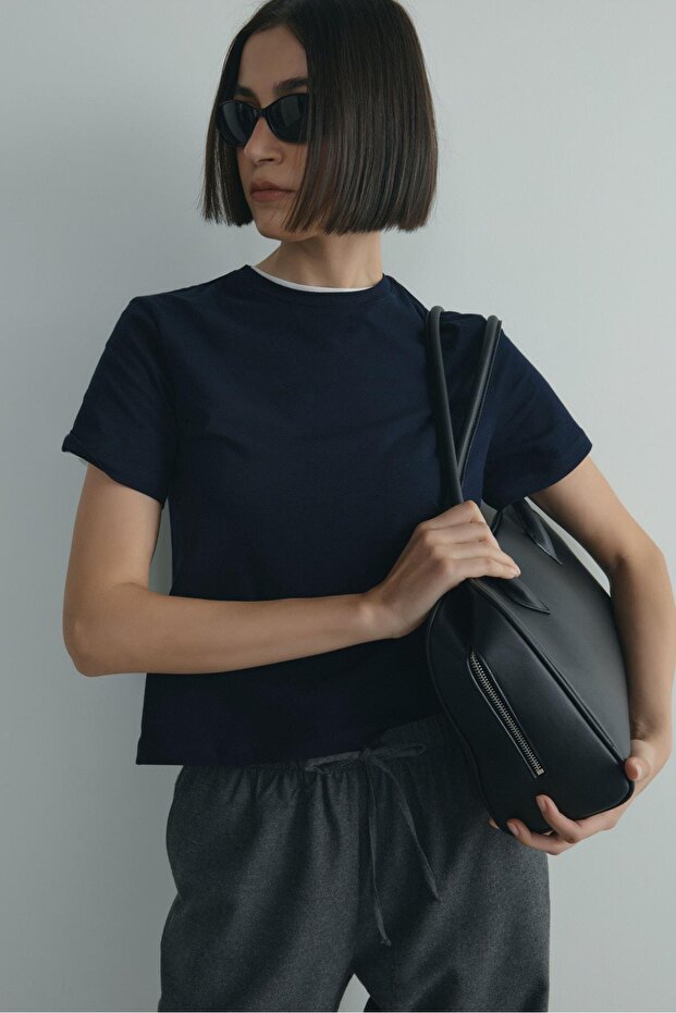 Lacivert Pamuklu Basic Tişört - 1